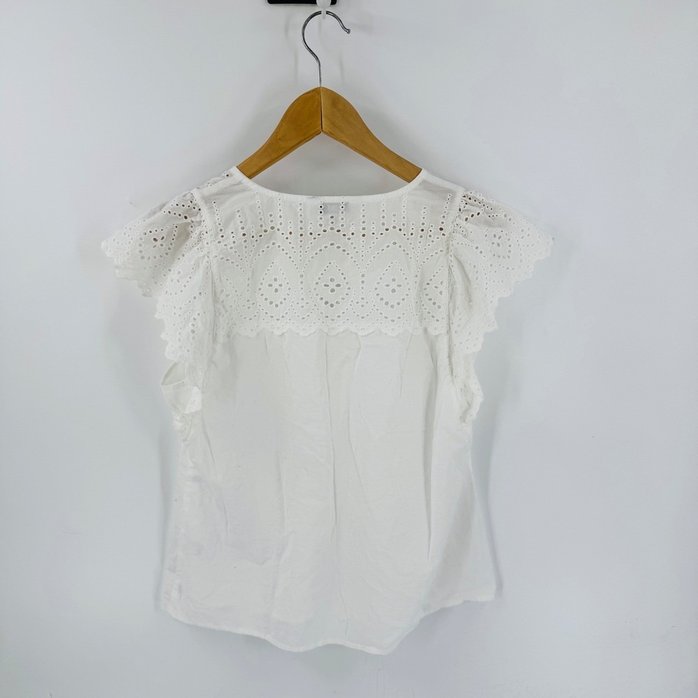 Nine West Eyelet Lace Blouse Flutter Sleeve Split Neck Cotton White Size M - Picture 2 of 7